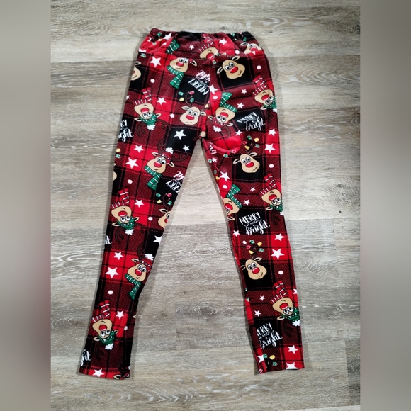 •No Boundaries Junior's M Size 7-8 Christmas Red Plaid Reindeer Fleece Leggings - Picture 4 of 16